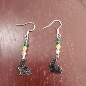 Silver Rabbit Earrings with Multicolor Beads